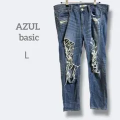 2435アジュール【L】ダメージ加工デニムパンツ リップ　クラッシュ　コットン