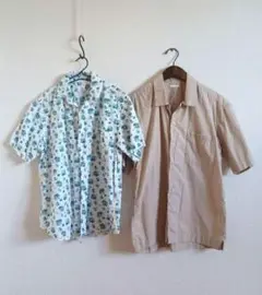 美品半袖シャツ2枚セットコーエン GU　ベージュ無地シャツ　柄シャツ　開襟シャツ