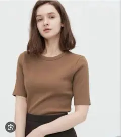 UNIQLO リブクルーネックT ブラウン 5部丈