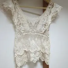 アイボリー レース タンクトップコットン素材