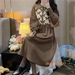 秋冬物♡ ニット セーター フレア ワンピース 花柄 ブラウン