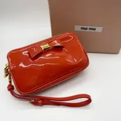 ミュウミュウ MIU MIU エナメル リボン ポーチ Wファスナー 箱付き