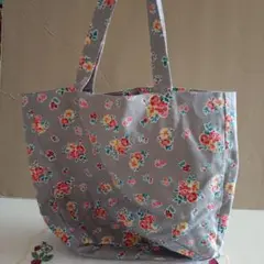 花柄まち付きトートバッグ グレー
