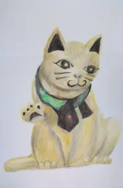手描きイラスト。招き猫。色鉛筆画。ハガキ。
