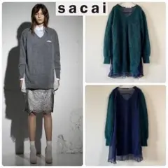 sacai luck バックシフォン Vネック モヘアニット ワンピース 切替