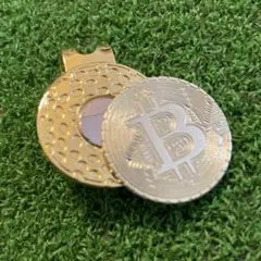 新品　キャップクリップ土台付き　ゴルフマーカー　ゴールドビットコインメダルタイプ