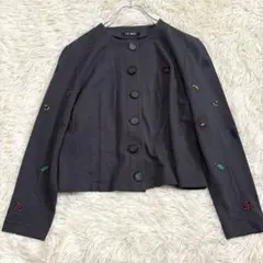 n6800 美品✨長袖カーディガン M相当 刺繍 日本製 薄手 ボタン 個性的