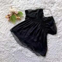 【クリア】 (F) ブラウス 半袖 シフォン かぎ編み バックリボン 少女 黒