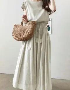 KHARIS ANGELフレンチスリーブ ロングワンピース ベージュ ふわさら