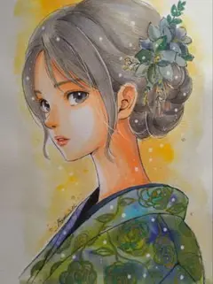 手描きイラストA4　コピック・水彩画『葵』