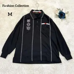 【Fa-Shion Collection】長袖ポロシャツ エンブレム刺繍 黒 M