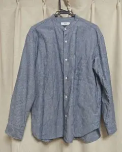 UNIQLO コットンリネンスタンドカラーシャツ/ストライプ 65 BLUE M