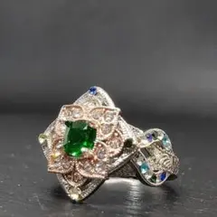 14号 シルバー リング 指輪 フラワー 花 ピンクゴールド グリーン ブルー