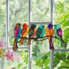 小鳥サンキャッチャー カラフル　ステンドグラス風　鳥　インテリア　鮮やか