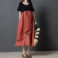 夏セール！　明るいオレンジ　Lサイズ　体型カバー　人気ワンピース 01