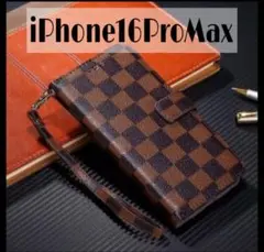 チェック柄 手帳型 iPhoneケース iPhone16ProMax ブラウン