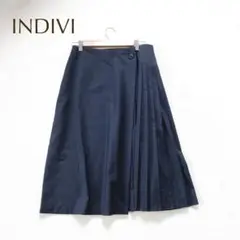 インディヴィXXLアシメプリーツ ミモレスカート ネイビー ポリエステル混