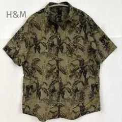 ◇H&M◇カーキ系 トロピカル柄 半袖アロハ シャツ 前ポケット ゆったり Ｌ