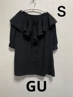 GU ジーユー　ラッフルＶネックブラウス　フリル　五分袖　ブラックＳ