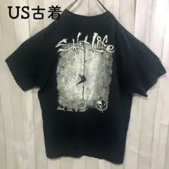 US古着Tシャツ濃紺ネイビーバックプリントポケットワンポイントガイコツ　スカル