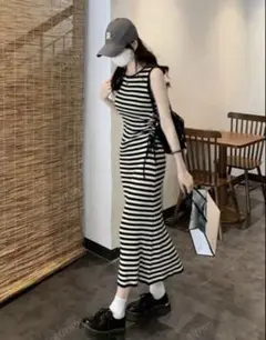 即購入⭕️ストライプ ノースリーブ ロングワンピース 韓国