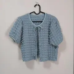 リボン付きライトブルー半袖シャツ F