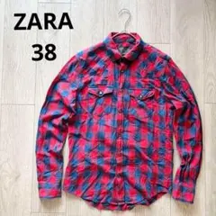 ザラ ZARA MAN レッド ブルー 赤 青 チェックネルシャツ 38