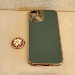 iphone15ケース 耐衝撃 リング付き TPU 花柄リング　グリーン