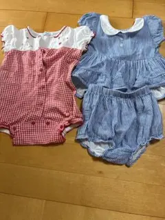ベビー服セット 赤と白のチェック柄と青と白のストライプ