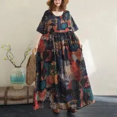 プリント オーバーサイズ ロングワンピース 丸襟 レトロ 体型をカバー