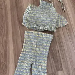 韓国子供服　水色と黄色のチェック柄セット