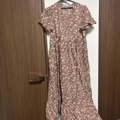 ヌキテパ　ウエストリボン　フラワープリント　ティアードワンピース　インド綿