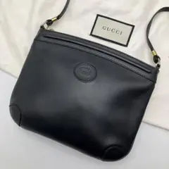 【美品】GUCCI オールレザー ショルダーバッグ インターロッキング ブラック
