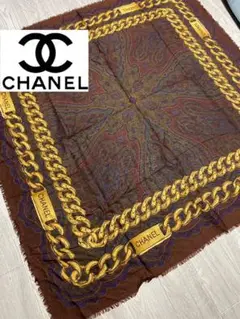 CHANEL (シャネル)ペイズリーチェーン柄ロゴシルクカシミヤ大判ストール