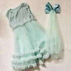 【美品】エメラルドグリーン　チュールドレス　リボンバレッタ付き