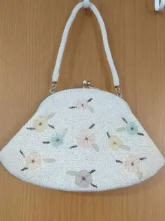 アンティーク ビーズバッグ 和装 パーティー レトロ 白 花 がま口