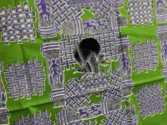 パプアのプリントバティック生地　洗いざらし布　インドネシア　緑色に柱模様