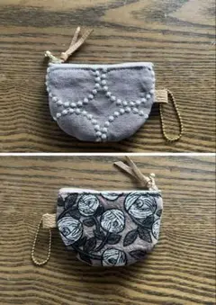 997. 半円型ポーチ(ミニミニ)円柄刺繍生地 ピンク／バラの刺繍生地