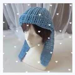 新作♡手編み♡ うさ耳帽子♡ ブルー