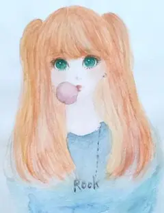 手描きイラスト　ガムを噛む少女　オリジナル