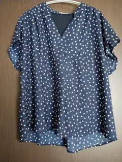 ネイビー 水玉模様 Vネック 半袖チュニック