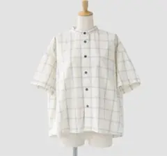【美品】prit 綿麻ウィンドウペンチェック 5分袖スタンドカラーワイドシャツ