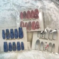【現品】handmadeネイルチップ3点セット(接着シール、ミニやすり付き)