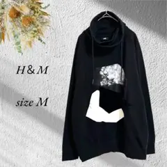 H&M ハイネックスウェット M 黒 ビックプリント 裏起毛 3097