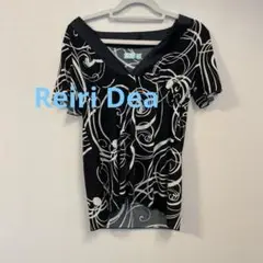 Reiri Dea 透け感 黒白抽象模様 Vネック半袖チュニック M 日本製