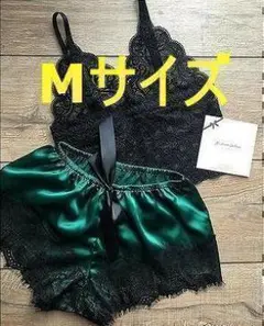 ブラ&ショーツセット 黒緑 ブラックグリーン Mサイズ