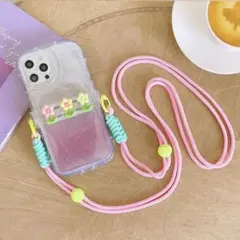 【大人気】花柄デコスマホショルダー　ベビーピンク　推し活　旅行　フェス　キラキラ