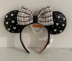 上海ディズニーランド　ツイードリボン×ブラックレザー　カチューシャ　新品
