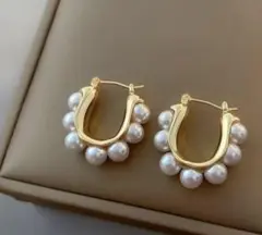 161大人気！パールフープピアス　ステンレス素材　18Kゴールドコート
