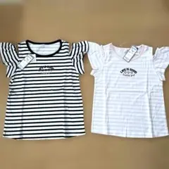 フリル袖ストライプ柄　肩あき・Tシャツ2枚セット
